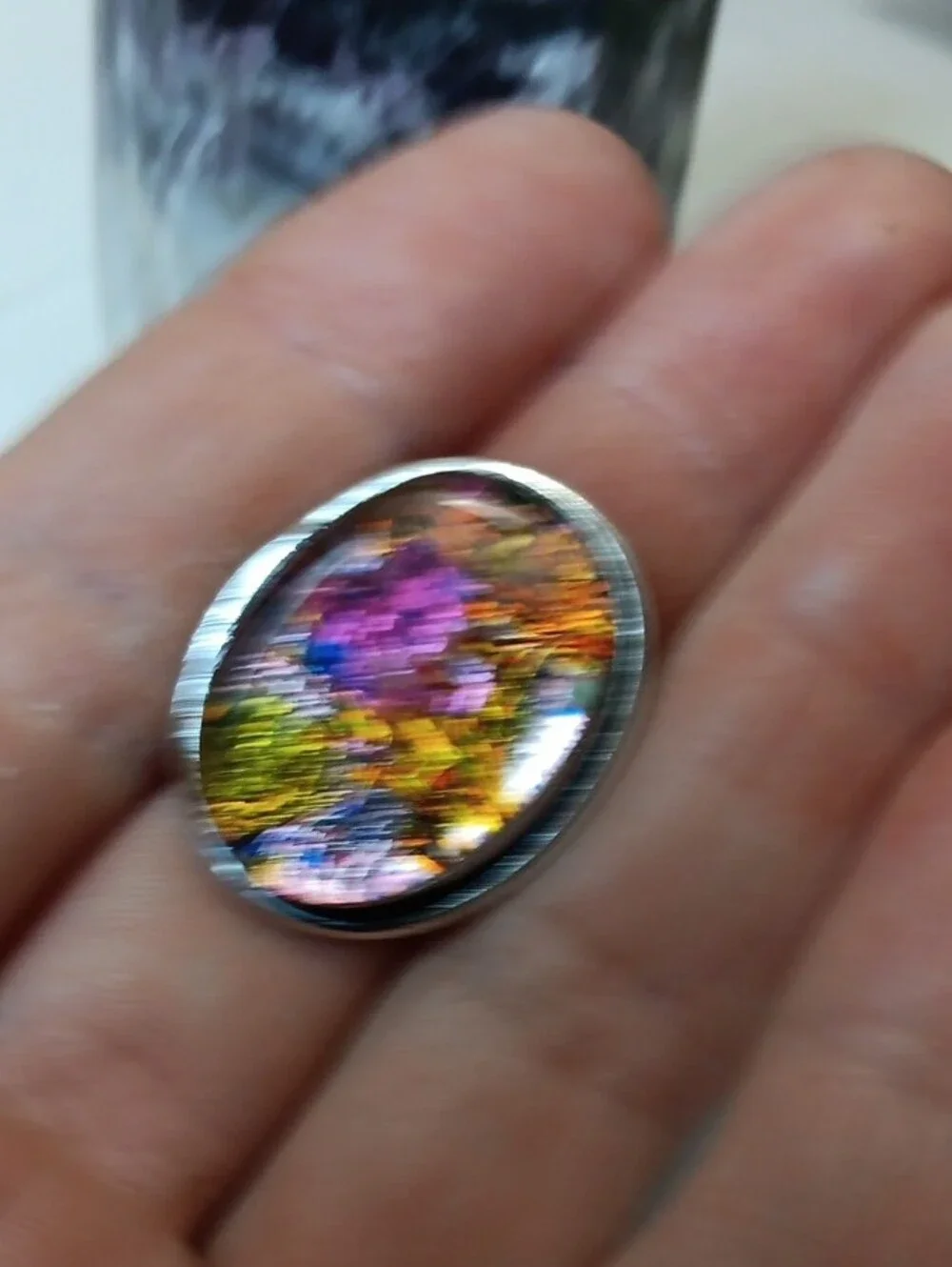 Handcrafted Dichroic Glass Oval Statement Ring in Iridescent Pink & Gold